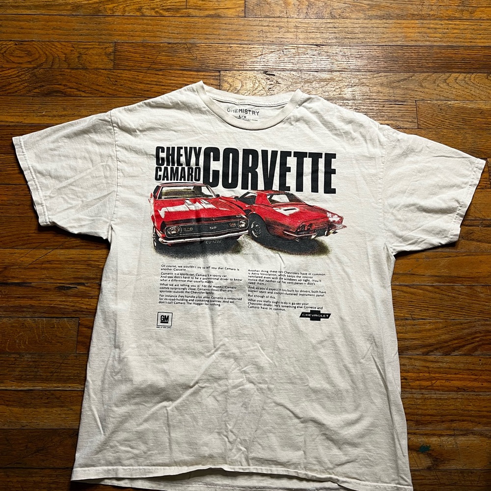 Chemistry White Short-Sleeve Tee with Red Corvette & Camaro Graphic